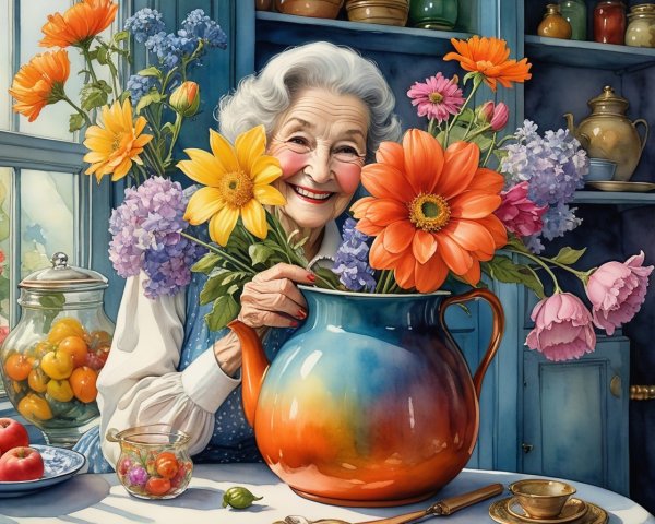 Elderly Woman in Colorful Kitchen with Flower Bouquet
