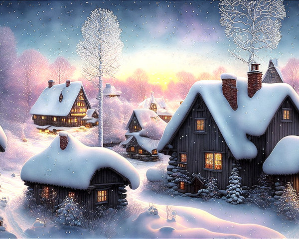 Serene Winter Village with Snow-Covered Cottages