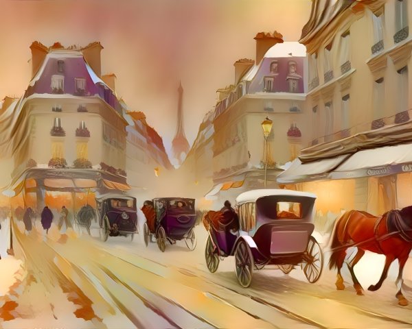 Twilight Parisian Street with Vintage Carriages and Fog