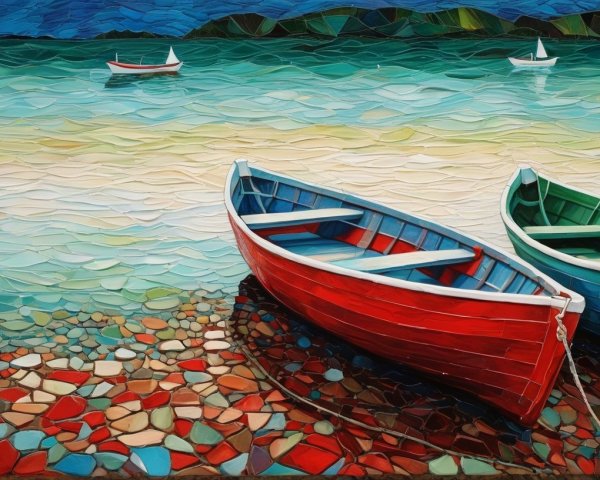 Vibrant Boats on a Pebbled Shoreline with Waves