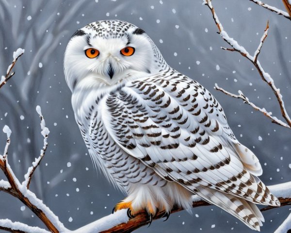 Snowy Owl on Branch in Serene Winter Landscape