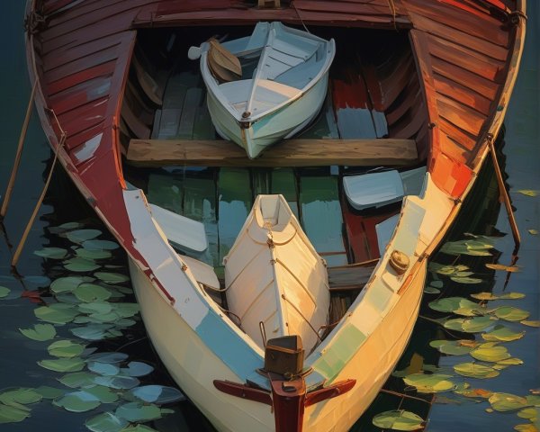 Boats in Still Waters Surrounded by Lily Pads