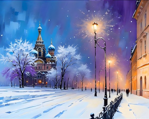 Snowy Evening Cityscape with Streetlights and Pedestrians