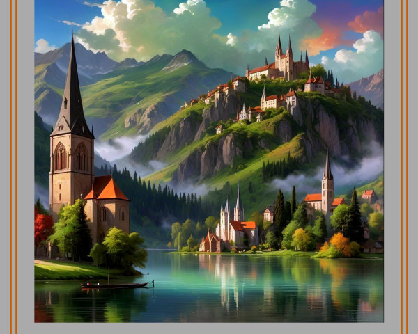 Tranquil Lake Surrounded by Lush Mountains and Castles