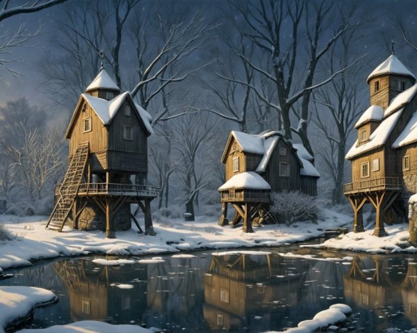 Serene winter landscape with wooden houses and snow