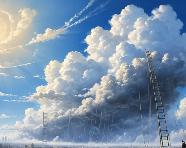 Surreal Landscape with Ladders and Urban Skyline