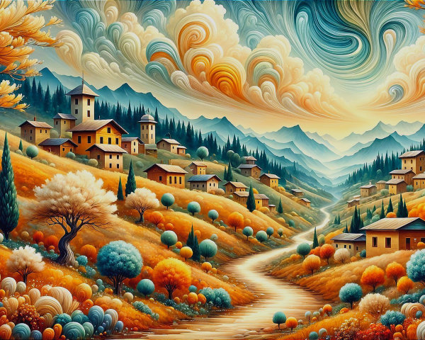 Vibrant Autumn Landscape with Rolling Hills and Houses