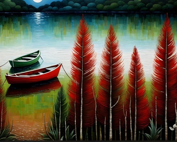 Colorful Boats on Tranquil Waters in Serene Landscape