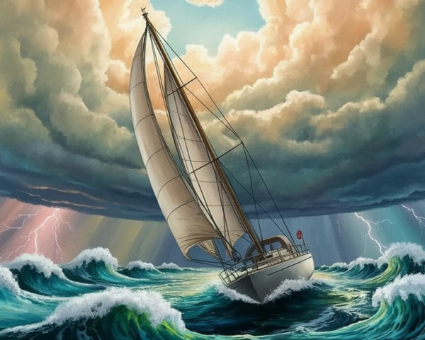 Sailboat Navigating Stormy Waves Under Dark Clouds