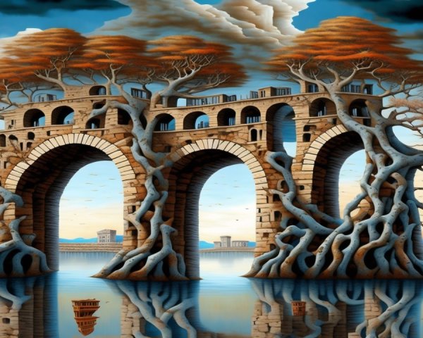 Surreal Landscape with Stone Bridge and Autumn Trees