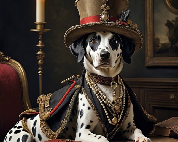 Regal Dalmatian in Lavish Attire on Plush Chair