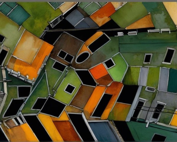 Aerial View of a Colorful Village in Watercolor