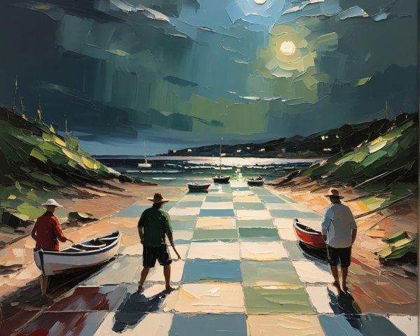 Three Figures on a Beach Under Two Moons
