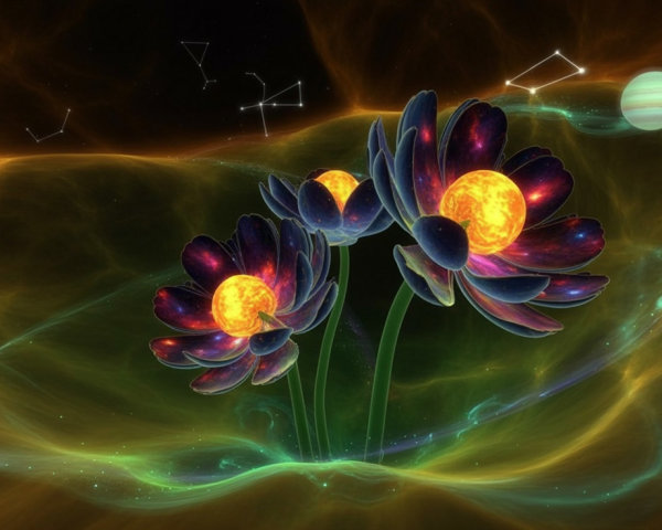 Vibrant Flowers Blooming in a Cosmic Background
