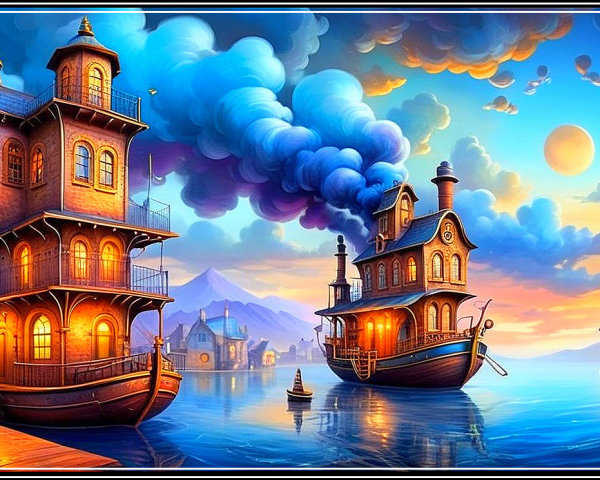 Charming Wooden Buildings by Serene Waterfront at Sunset