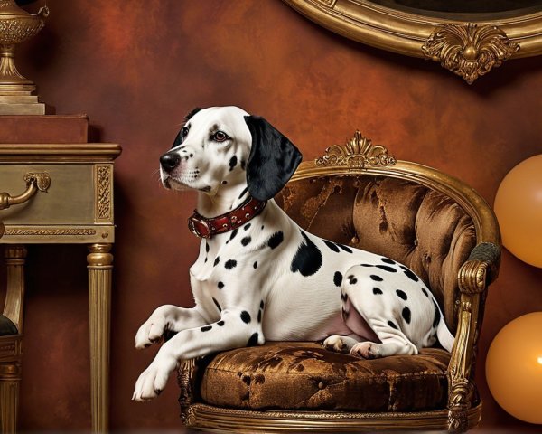 Dalmatian on Ornate Chair with Vintage Decor Elements