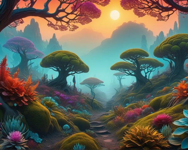 Vibrant Fantastical Landscape with Whimsical Trees