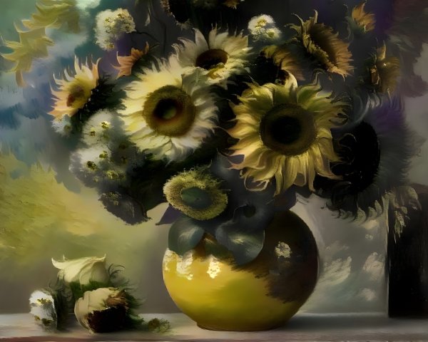 Vibrant Still Life of Sunflowers in Yellow Vase