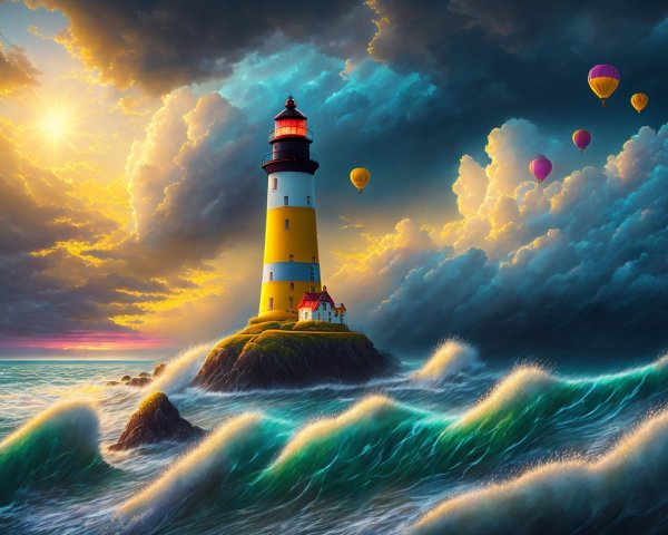 Vibrant Lighthouse with Hot Air Balloons at Sunset