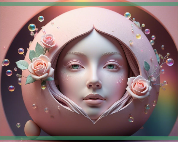 Ethereal Portrait with Roses and Dreamlike Bubbles