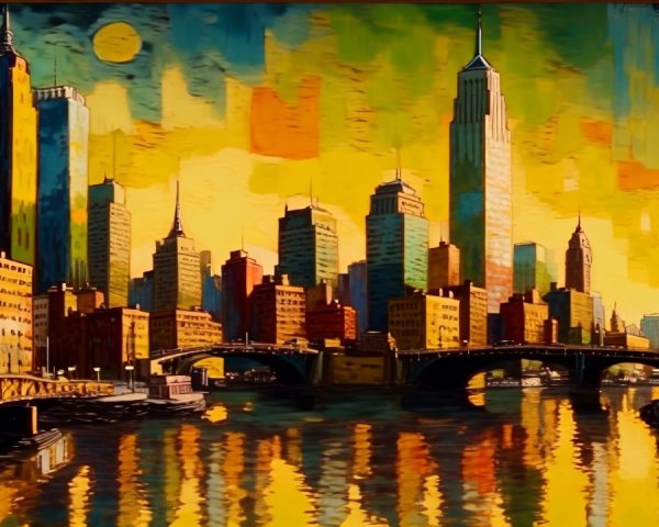 Vibrant Cityscape at Sunset with Skyscrapers and Bridge