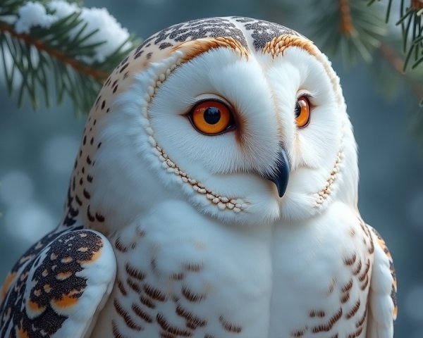 Owl on Snow-Dusted Pine Branches in Winter Landscape