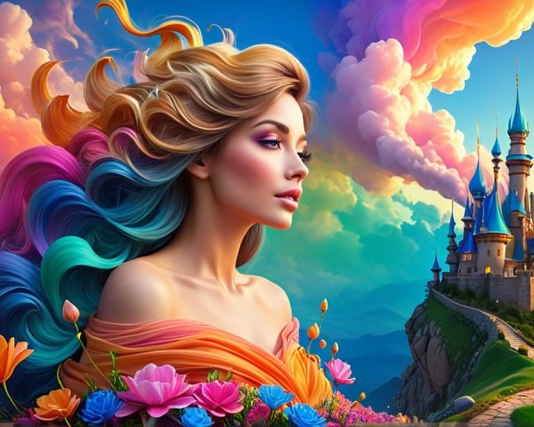 Woman with Pastel Hair in a Colorful Fantasy Scene