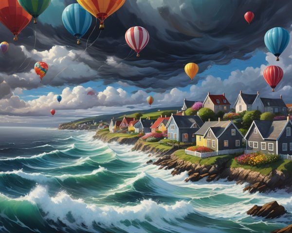 Vibrant Hot Air Balloons Over Coastal Village Scene