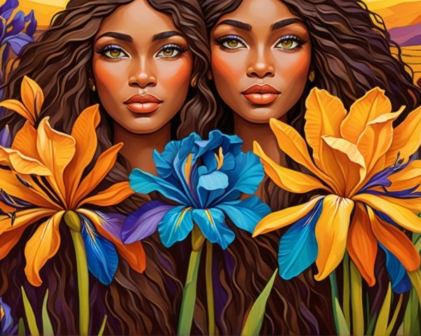 Elegant female figures amidst vibrant floral backdrop