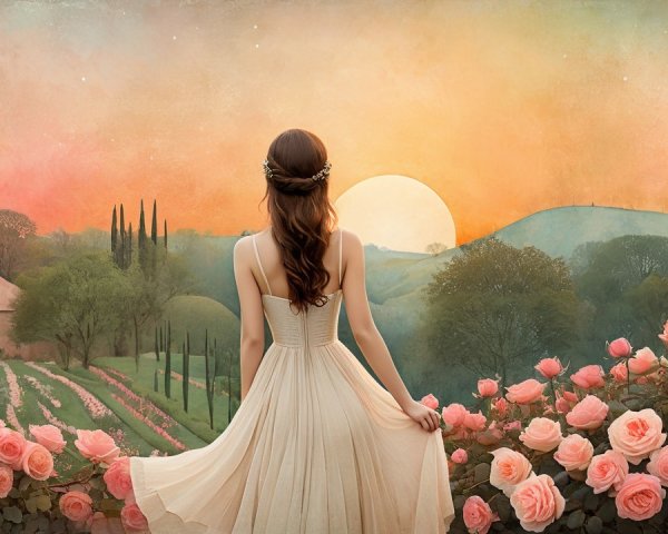 Woman in White Dress at Vibrant Sunset in Rose Garden