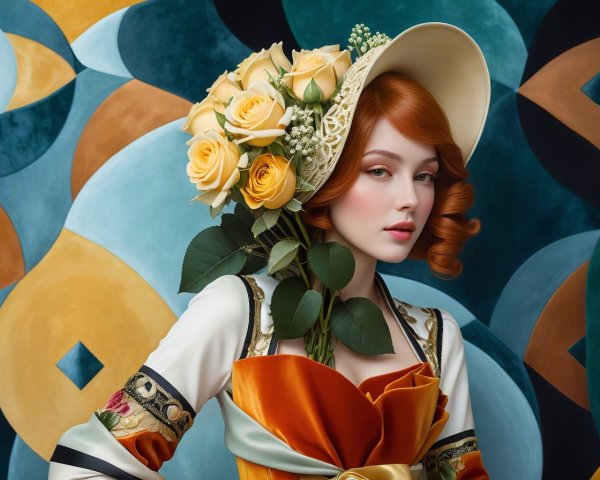 Elegant Woman with Red Curls and Geometric Patterns