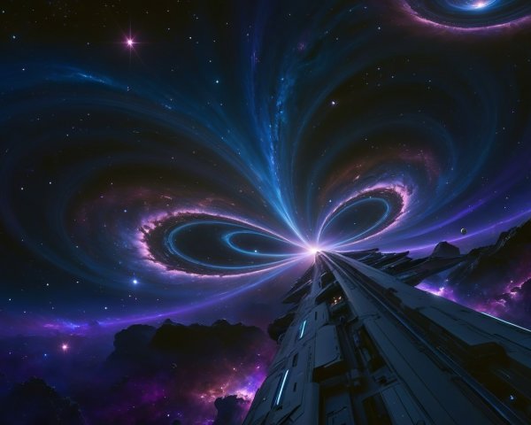 Cosmic Scene with Towering Structure and Galaxy Swirls