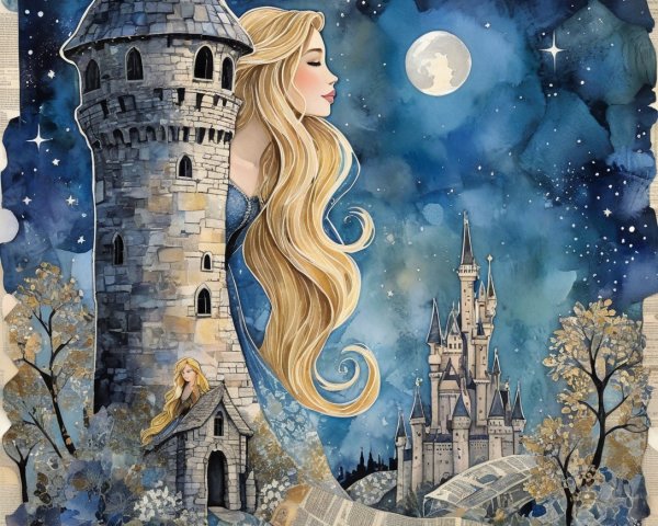 Whimsical Painting of Rapunzel in a Tower at Night