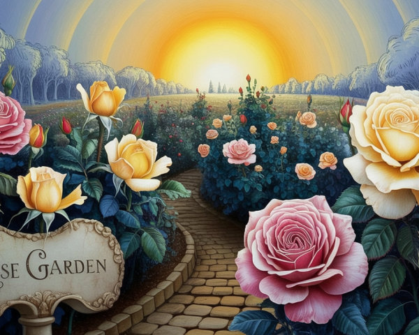 Vibrant Rose Garden with Stone Pathway and Sunlight