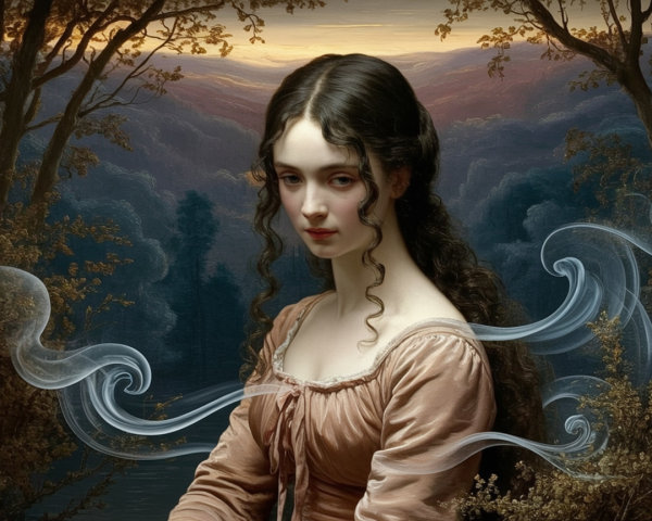 Young woman in pink dress in serene misty landscape