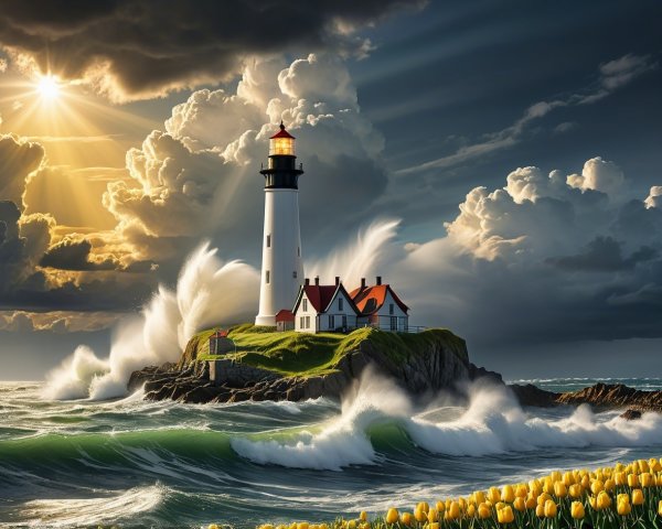 Lighthouse on Cliff with Ocean and Dramatic Sky