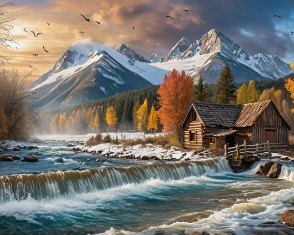 Serene Landscape with Cabin and Autumn Foliage