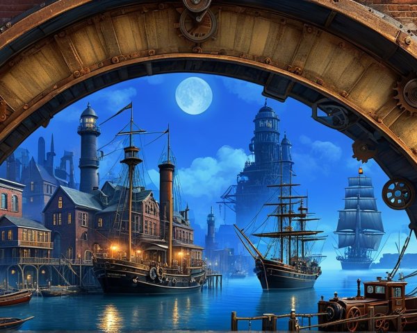 Steampunk Cityscape with Harbor and Moonlit Night