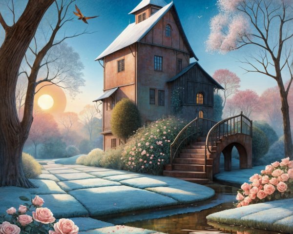Whimsical House in Serene Landscape with Blooming Roses