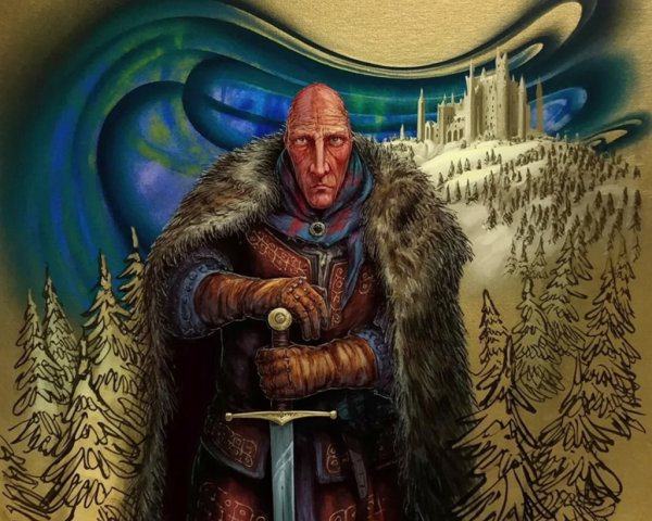 Warrior in Armor Against a Mystical Landscape