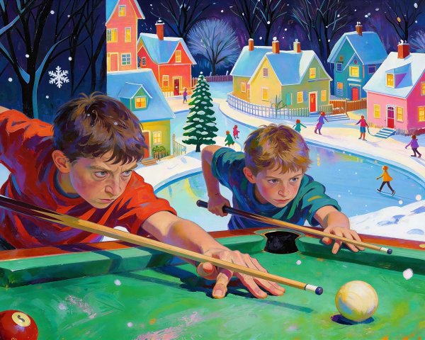 Boys Playing Pool in Snowy Festive Landscape