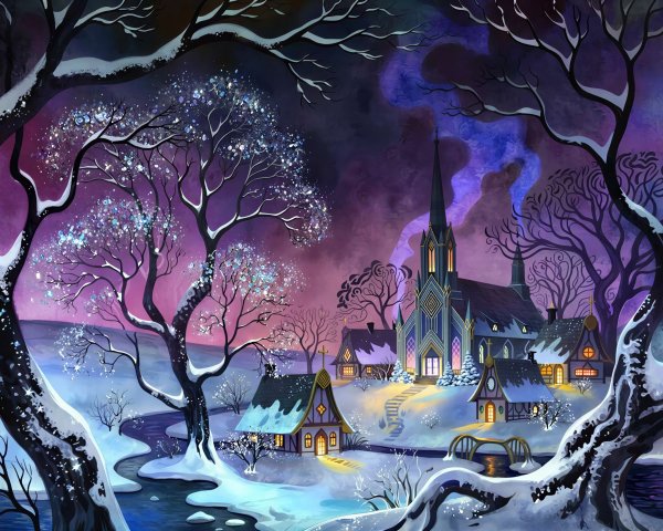 Winter Village Scene with Church and Snowy Landscape