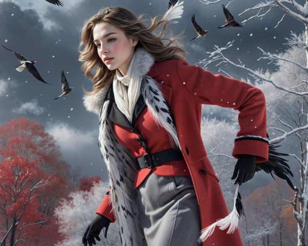 Stylish Woman in Red Coat in Winter Landscape