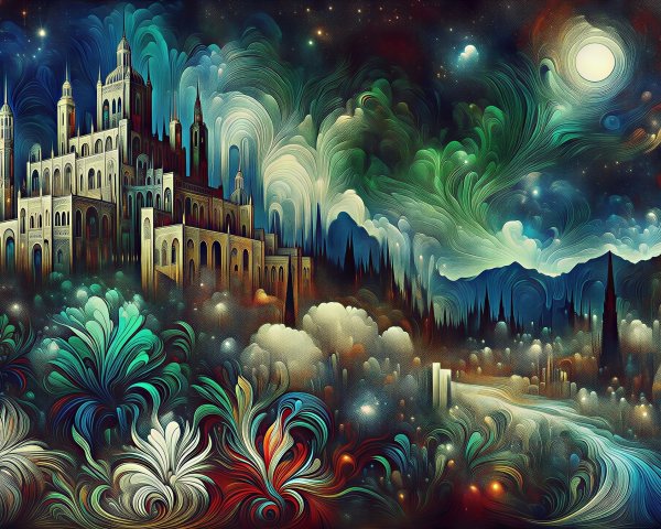 Surreal Landscape with Castle and Ethereal Moonlight
