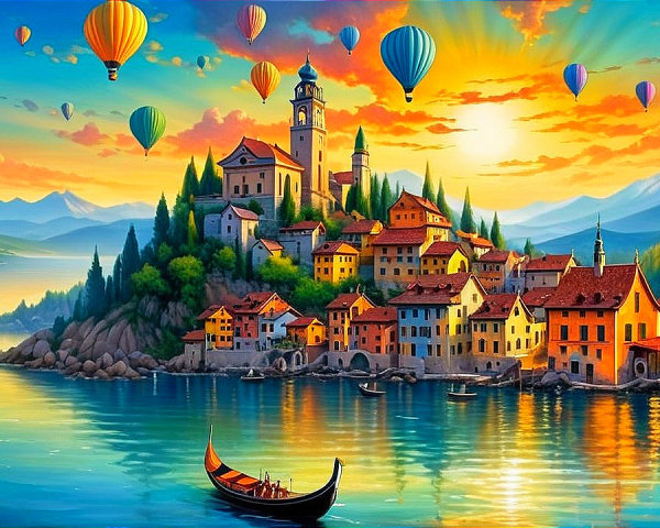 Lakeside Village at Sunset with Hot Air Balloons