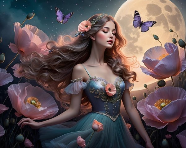 Woman in gown with poppies and moonlit backdrop