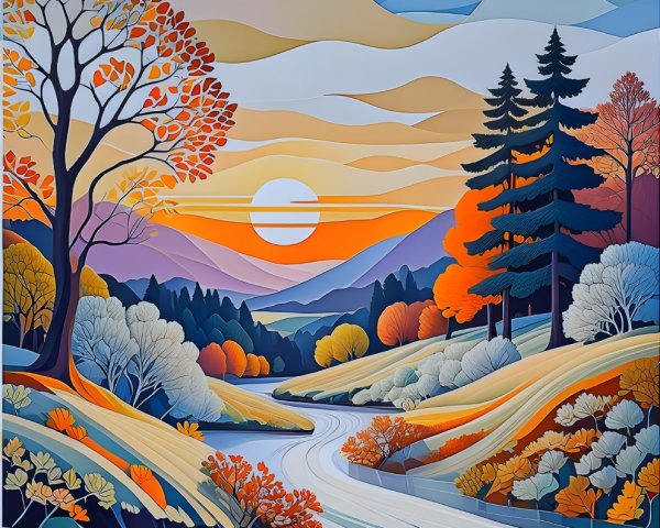 Vibrant Landscape with Rolling Hills and Sunset Colors