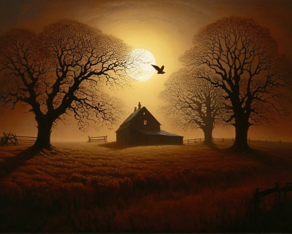 Full Moon Illuminates Serene Farmhouse Landscape