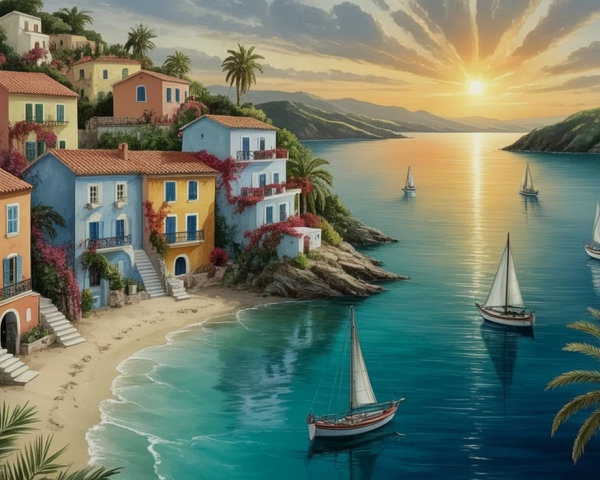 Coastal Scene with Colorful Houses and Sunset Reflections