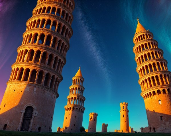 Dramatic Landscape with Illuminated Towers at Twilight